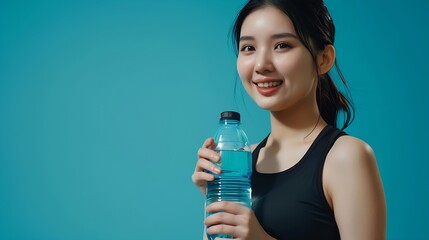 Young beautiful asian woman in sportswear holding bottle of water on isolated background Portrait happy healthy slim fit and firm latin attractive sporty woman drinking water after exe : Generative AI