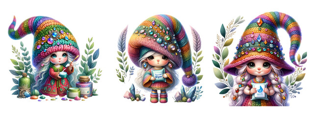 Fototapeta premium Three colorful gnomes with hats and long hair sit in a row. The gnomes are wearing colorful clothing and have a whimsical