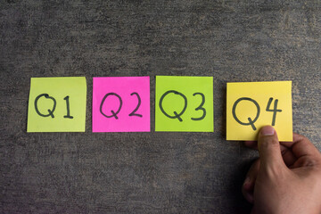 concept of quarterly report write on sticky notes on the table