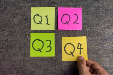 concept of quarterly report write on sticky notes on the table