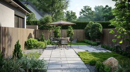 Neat paved patio with sitting area and small garden near wooden fence : Generative AI