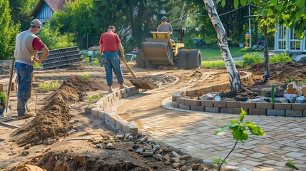 Landscaping company contractors working on interlock driveway project construction site and paving stone bricks Men working as team to design and construct large home landscape busines : Generative AI