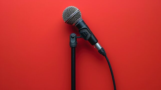 Red Background with Professional Microphone and Audio Lead