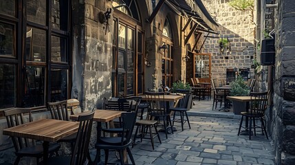 View of old cozy cafe in old city Wooden tables and chairs in an outdoor cafe : Generative AI