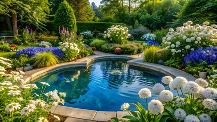 Tranquil Garden Oasis With A Sparkling Blue Pool, Lush Greenery, And Vibrant Flowers.