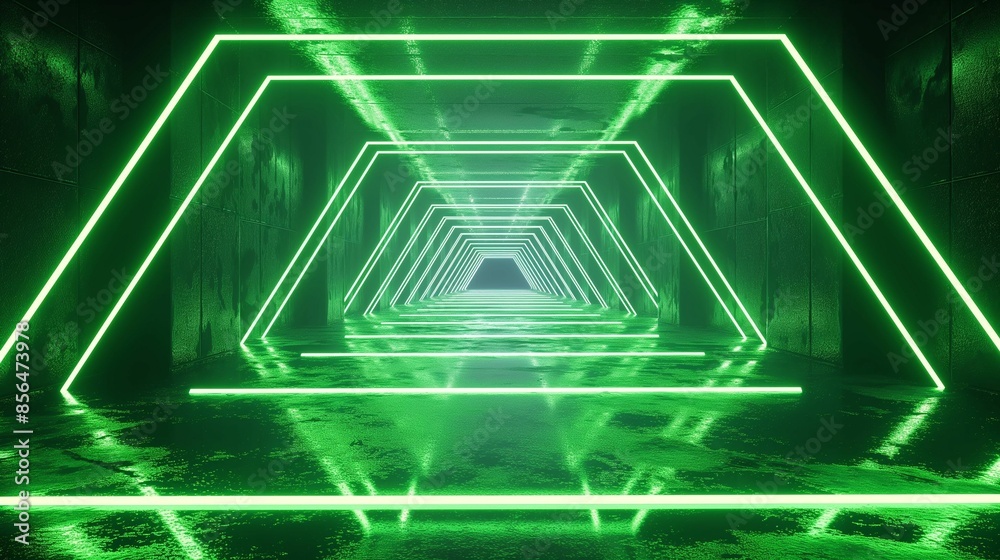 Wall mural Abstract digital art of a neon green futuristic tunnel with geometric patterns and reflective surfaces. - Wall murals