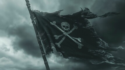 Tattered pirate flag with skull and crossbones against a stormy sky.