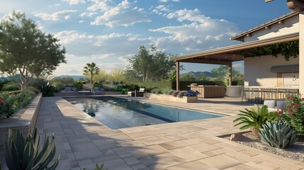 A desert landscaped backyard in Arizona featuring a travertine tiled pool deck and outdoor kitchen : Generative AI