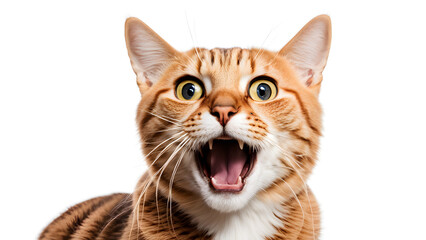 A cat with its mouth open and teeth showing, looking at the camera