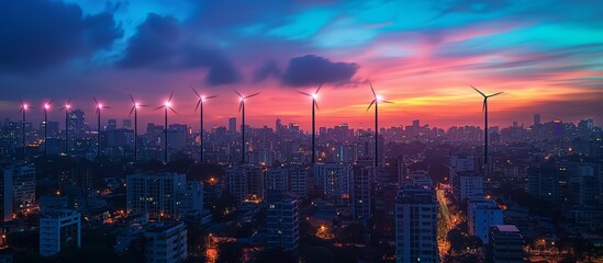Modern Cityscape at Sunset with Wind Turbines and Colorful Sky