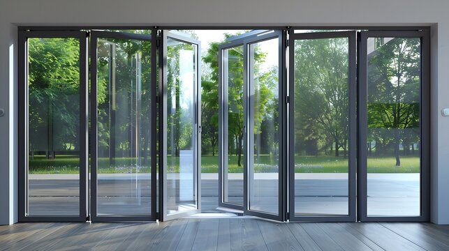 Fototapeta aluminum folding door with access to the terrace : Generative AI