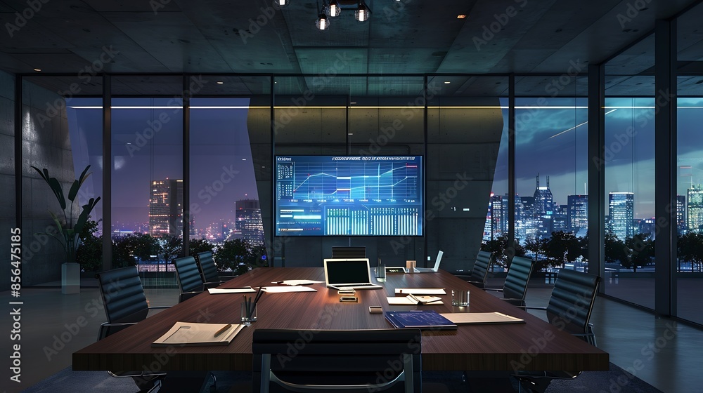 Poster modern empty meeting room with big conference table with various documents and laptop on it wall tv 