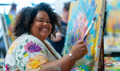 Cheerful Plus-Size Student Participating in a Painting Class