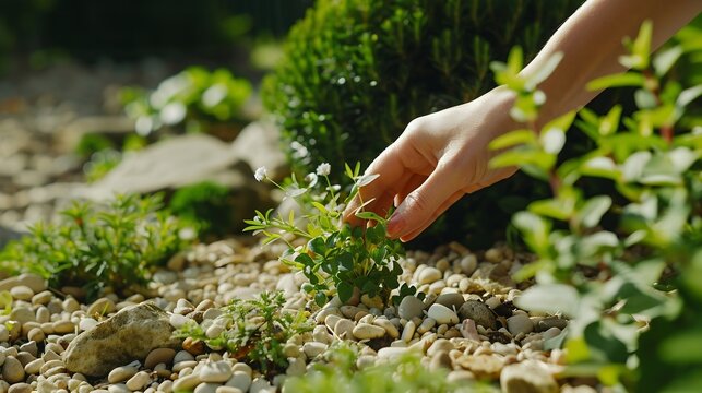 CLOSE UP Adult female hand uprooting weeds from cultivated gravel flowerbed Daily chores of removing unwanted plants in summertime Authentic moment during the maintenance and care of s : Generative AI