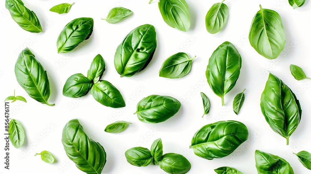 Poster fresh organic basil leaves isolated on white background basil leaves with clipping path : generative