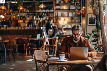 Digital nomad working in a cozy cafe with warm ambiance