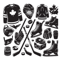 Set of ice hockey player and equipment icon. Vector illustration. Set include: player, helmet, sticks, goalkeeper, puck and skates silhouettes. Elements for badge, logo design