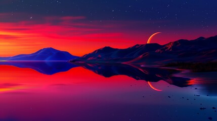 Fototapeta premium Abstract red and blue sky, starry night, crescent moon, reflection of the water surface on the lake shore, mountains in the background, horizon line, colorful, smooth lines