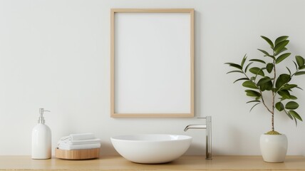 Fototapeta premium Minimalist Bathroom Interior with Wooden Frame, White Sink, and Green Plant on Wooden Countertop