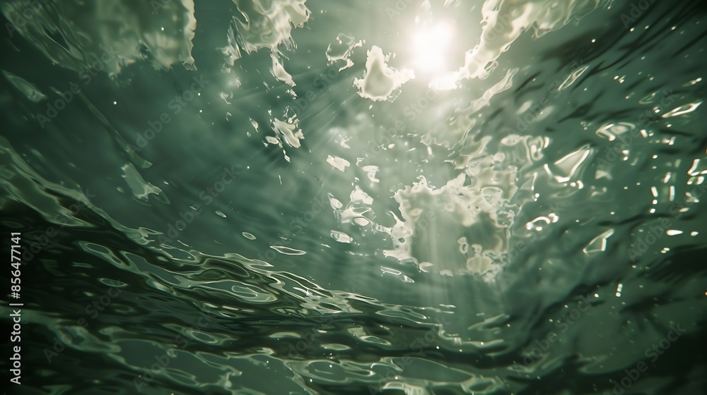Aufkleber Underwater view looking up through the surface of the water at the sun and clouds with water ripples and texture : Generative AI