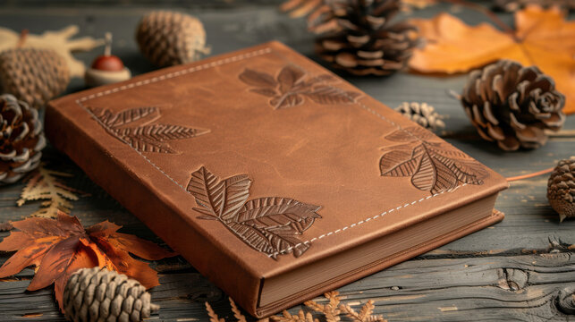 A brown leather journal with embossed leaf patterns, surrounded by pine cones and autumn leaves on a rustic table.