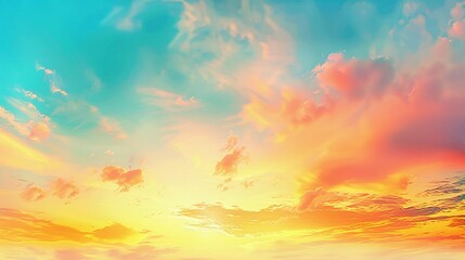 Obraz premium Ethereal Dreamy Summer Sunset Sky: Fantasy Panoramic with Gradient Rich Colors of Blue, Orange, and Yellow