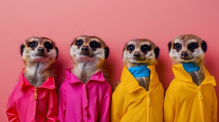 Fototapeta premium Creative animal concept. Meerkat in a group, vibrant bright fashionable outfits isolated on solid background