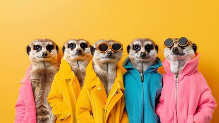 Fototapeta premium Creative animal concept. Meerkat in a group, vibrant bright fashionable outfits isolated on solid background