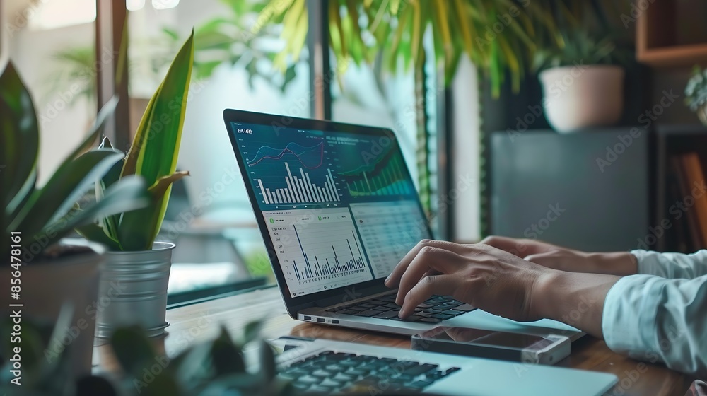 Aufkleber businessman use laptop analyzing sustainability company growth with digital virtual graphics increas
