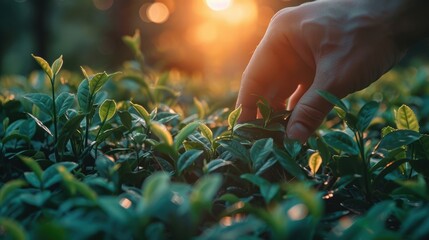 Fototapeta premium A hand picking fresh tea leaves at sunrise, capturing the serene and natural beauty of early morning harvesting.