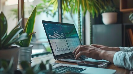 Businessman use laptop analyzing sustainability company growth with digital virtual graphics Increase revenue asset and profit financial data for long term investment : Generative AI