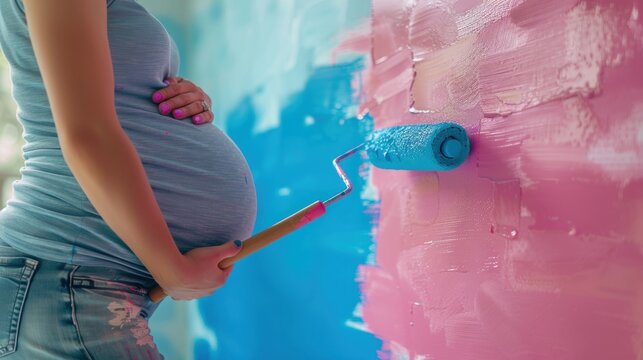 A pregnant woman painting a nursery wall in vibrant pink and blue colors, indicating gender reveal or room preparation for the baby.