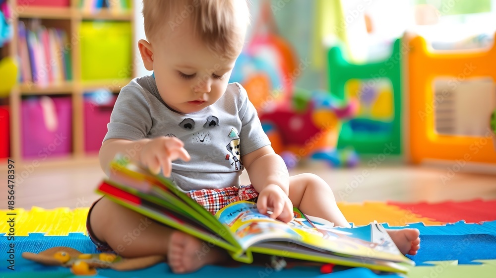 Aufkleber infant sitting on a playmat and reading a coloful childrens book toddler boy enjoying a book at nurs