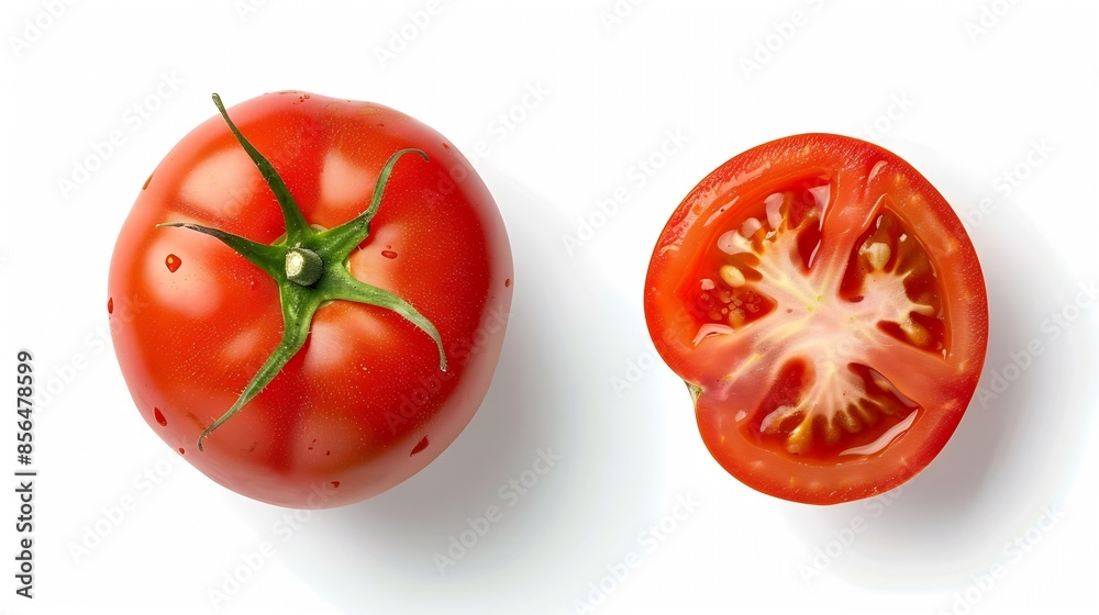 Poster top view of fresh tomatoes whole and half cut isolated on white background : generative ai