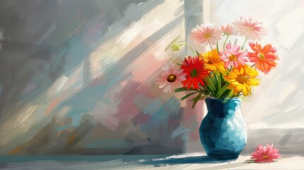 A vase filled with vibrant flowers against a painterly abstract background, creating a colorful and artistic composition. © tashechka