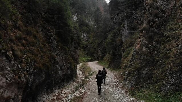 Romania, Romanian Carpathians - high rock walls of the Zarnesti Gorge and a wandering tourist
