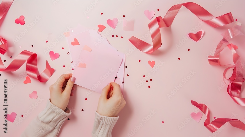 Wall mural First person top view photo of valentines day decorations girls hands holding two paper sheets sequins and silk curly ribbon on isolated pastel pink background with copyspace : Generative AI