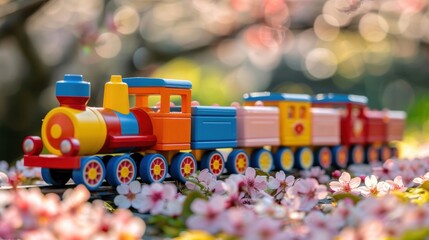 Fototapeta premium A brightly colored toy train sits on a flower bed, creating a whimsical and playful scene in an outdoor setting.
