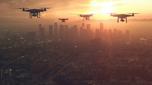 Multiple drones flying over a cityscape at sunset, capturing the urban landscape with a golden sky.