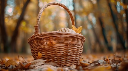 A wicker basket placed on a forest floor covered with autumn leaves, capturing the essence of a rustic, fall-themed setting.