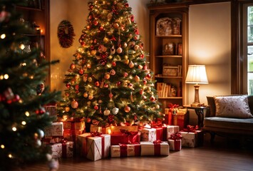 This is a beautifully arranged living room, filled with the warmth of Christmas