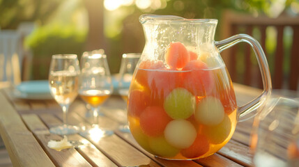 A colorful image of melon ball sangria in a clear pitcher, filled with bright melon balls of watermelon, cantaloupe, and honeydew