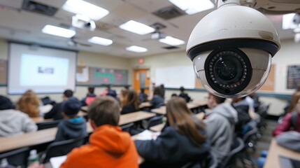 Classroom Surveillance: Security Camera Overseeing Students in Modern Study Environment