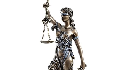 Statue of Lady Justice isolated on white low angle view Symbol of fair treatment under law : Generative AI