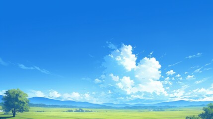 Fototapeta premium Tranquil Summer Landscape with Blue Skies and Fluffy Clouds