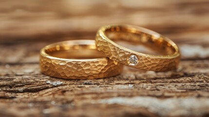 Textured gold wedding bands on wood background female ring with diamonds Rustic jewelry for weddings