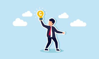 Copyright reserved trademark protection for original ideas or innovations, legally registered, concept of A businessman holds a light bulb idea with a copyright symbol