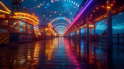 Fototapeta premium Seaside boardwalk - ocean - arcade - ocean resort town - neon lighting at night 