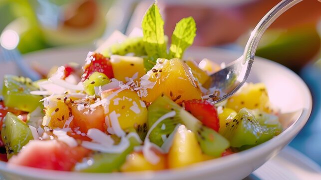 A food critic savors a bite of a juicy and colorful tropical fruit salad sprinkled with toasted coconut flakes and drizzled with a tangy citrus dressing.