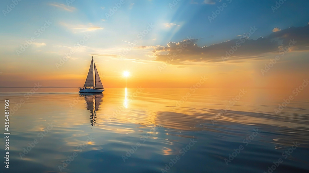 Wall mural A sailboat glides on the sea at sunset with an orange sky and clouds - Wall murals